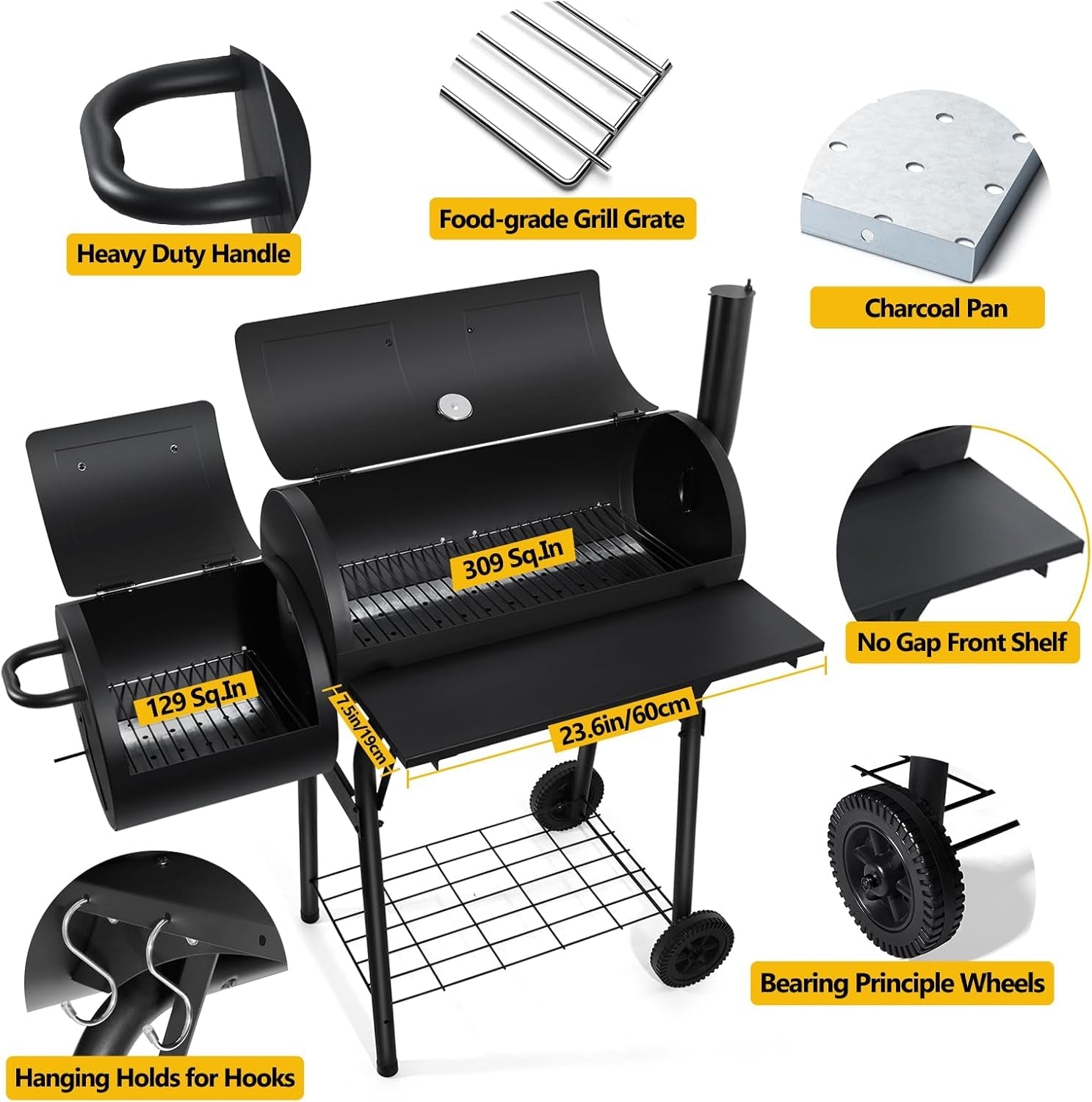 Fourteen Inch Durable Charcoal Grill Offset Smoker