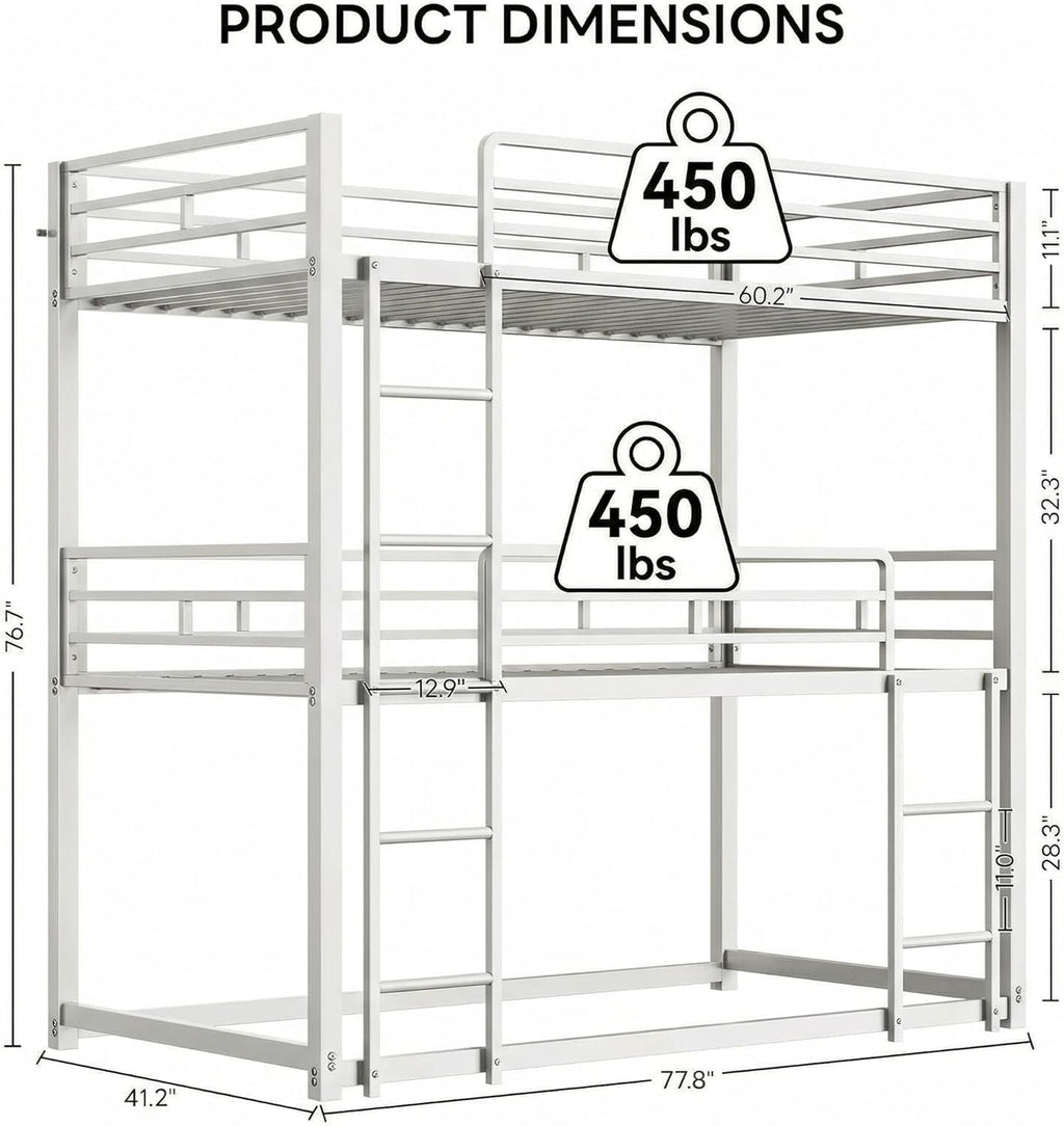 White Industrial Three Tier Twin Bunk Bed Guardrails