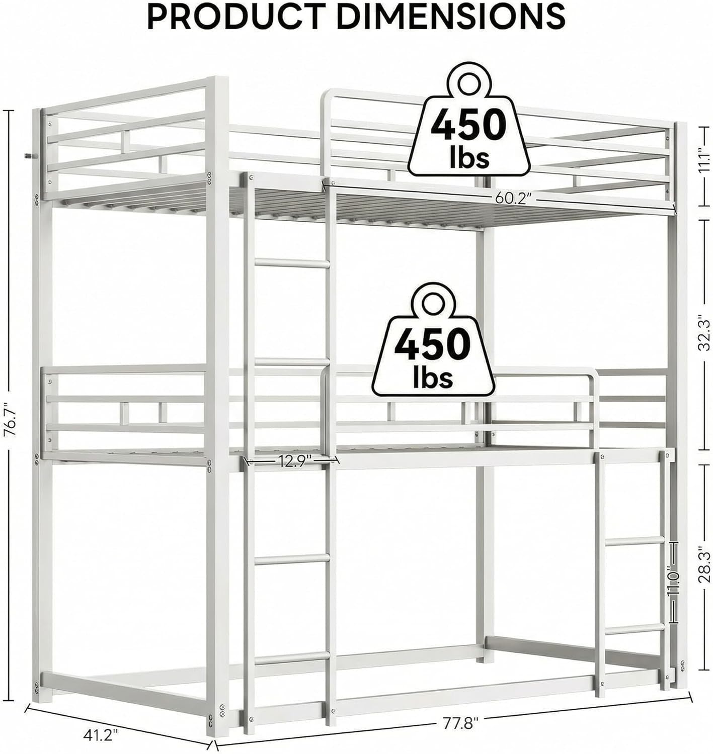 White Industrial Three Tier Twin Bunk Bed Guardrails