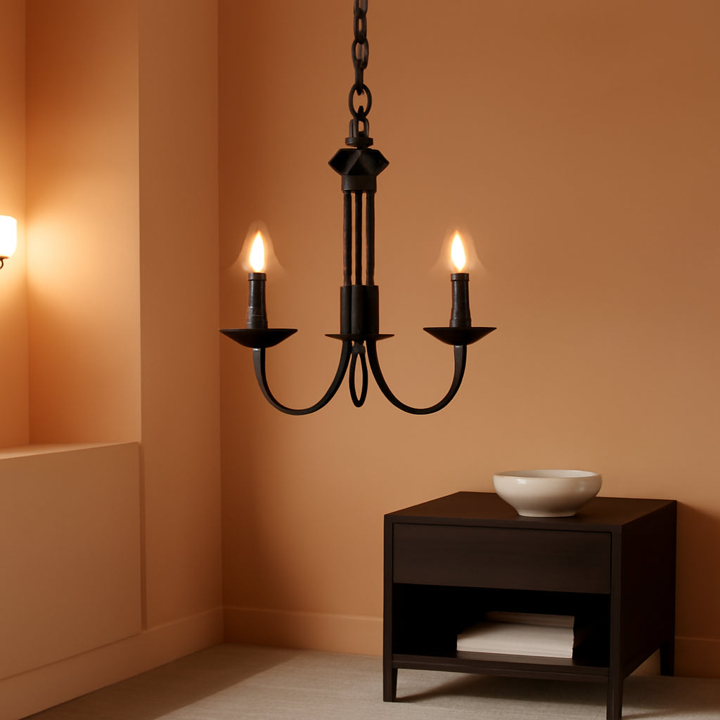 Blackened Steel Three Light Chandelier Living Room