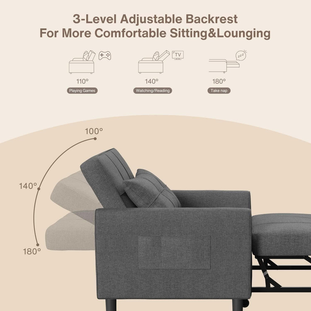Dark Gray Sleeper Chair Bed Three In One Convertible Modern Linen Fabric Sofa