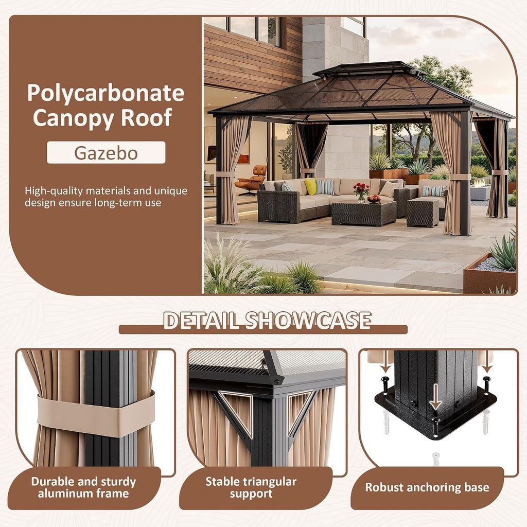 12x16 Brown Gazebo Poly carbonate Roof Aluminum Frame