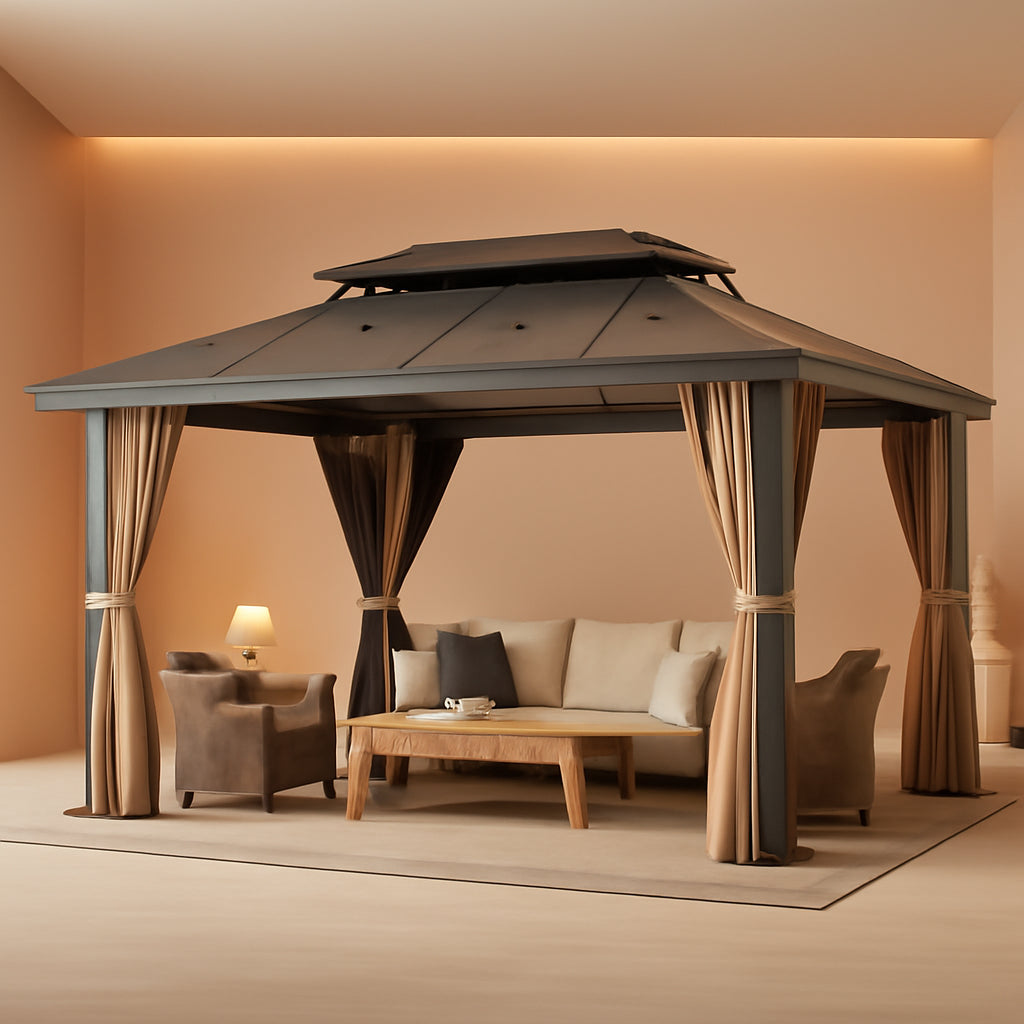 12x16 Brown Gazebo Poly carbonate Roof Aluminum Frame