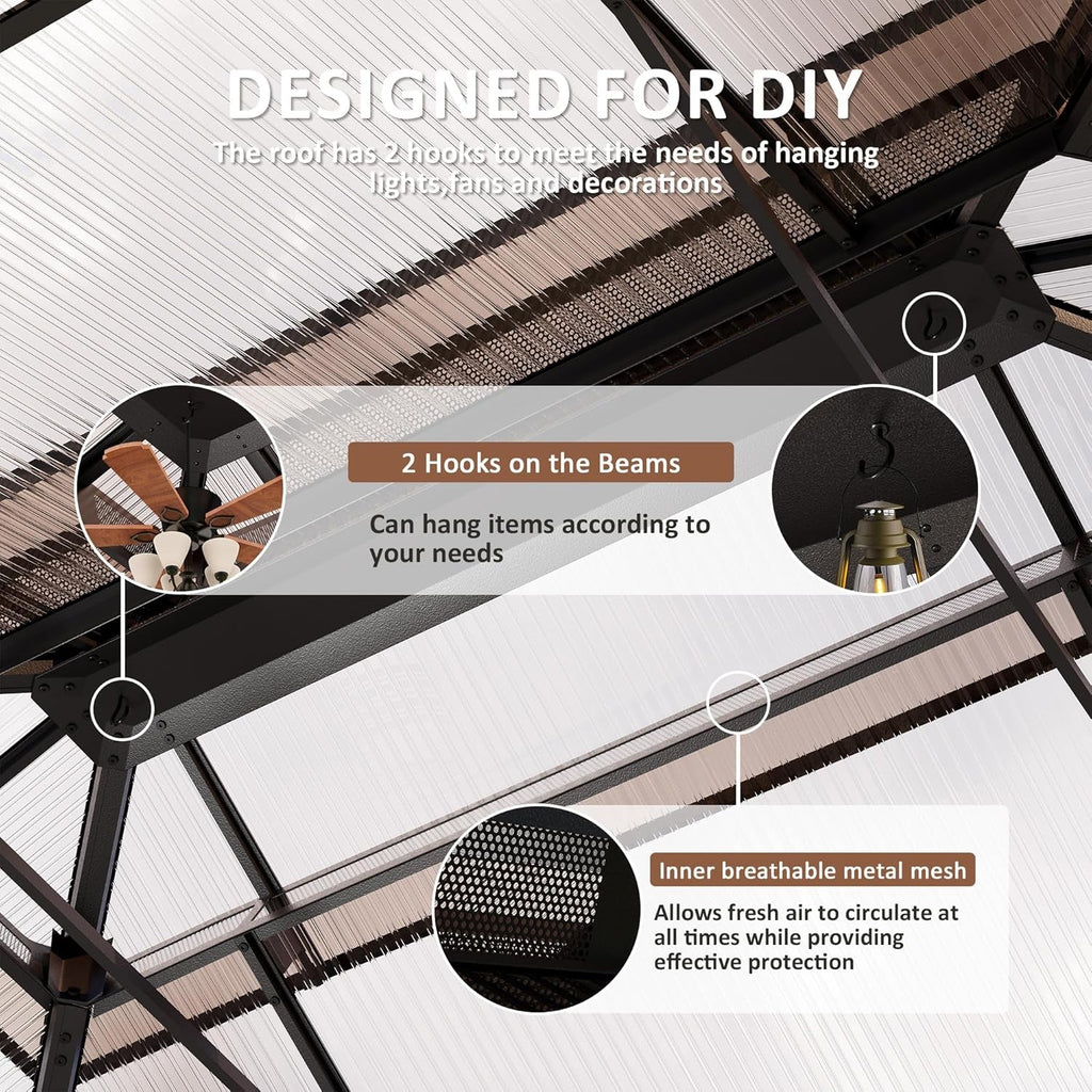 12x16 Brown Gazebo Poly carbonate Roof Aluminum Frame