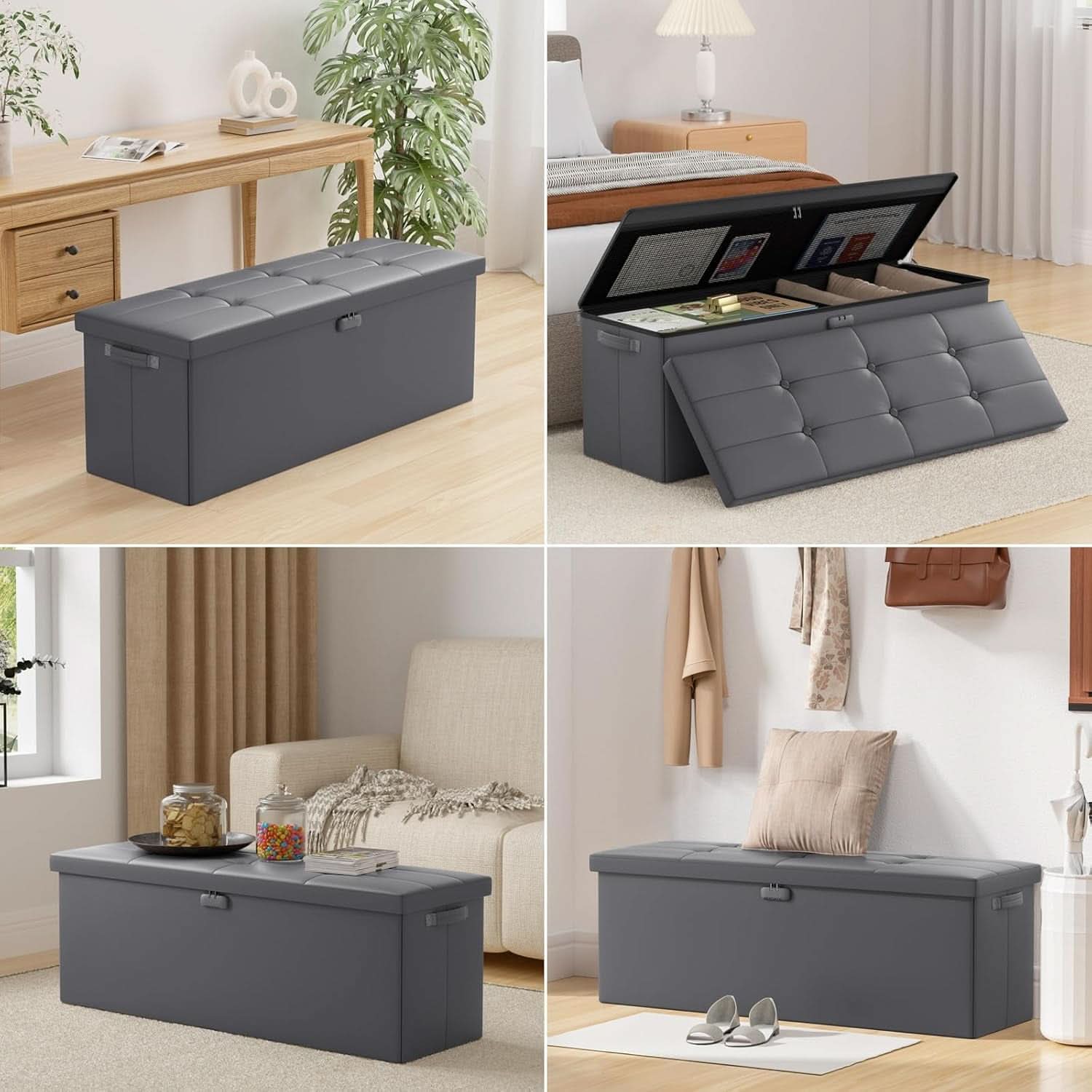 Fireproof Gray Storage Chest With Lock Ottoman Bench 43 Inch