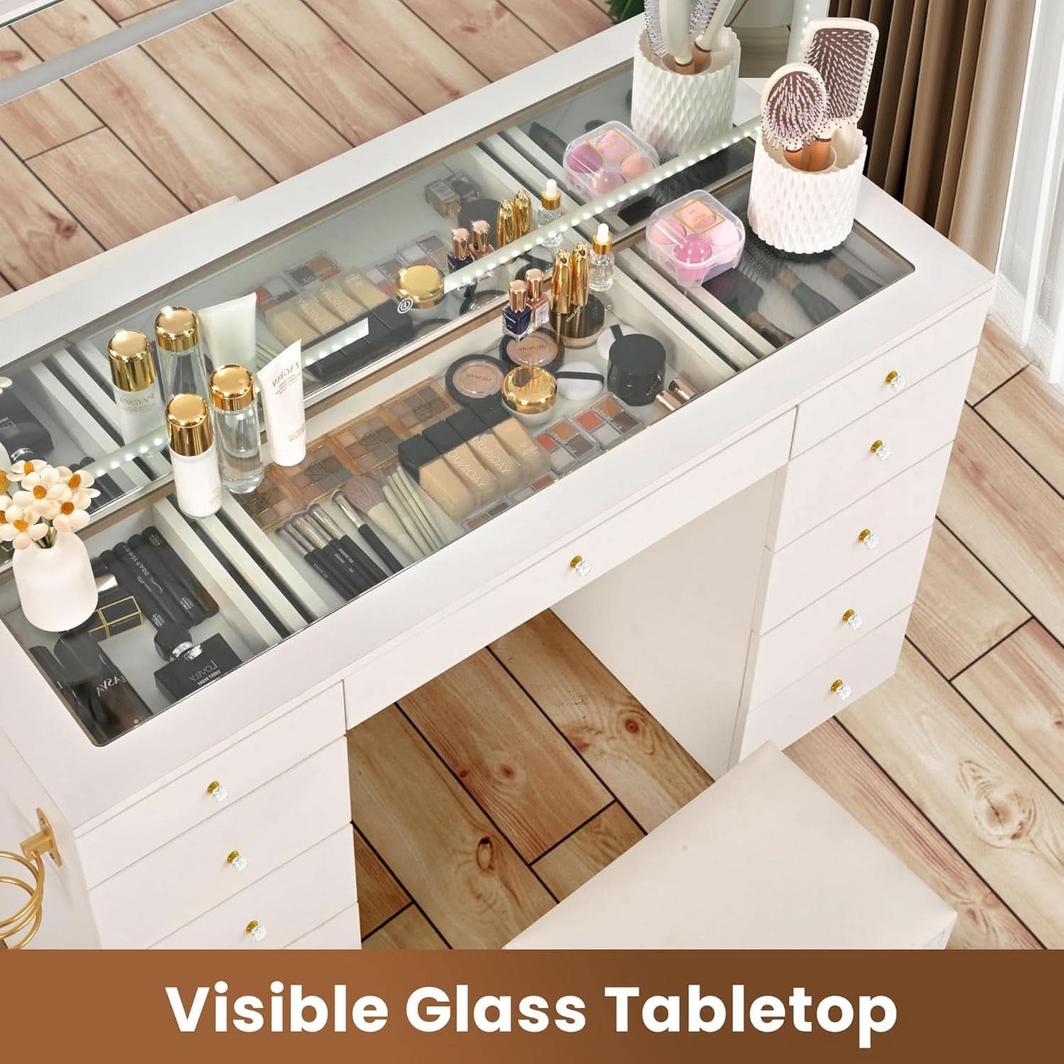 Elegant Translucent White Glass Vanity Desk Storage
