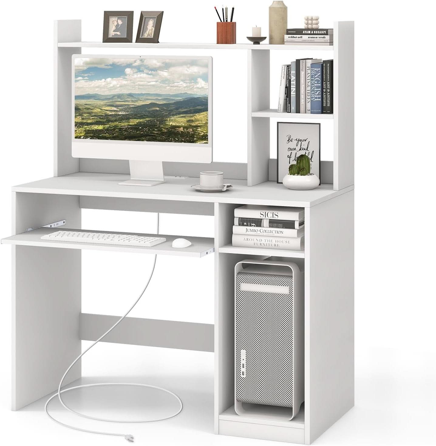 White Desk With Hutch And Charging Station For Home Office
