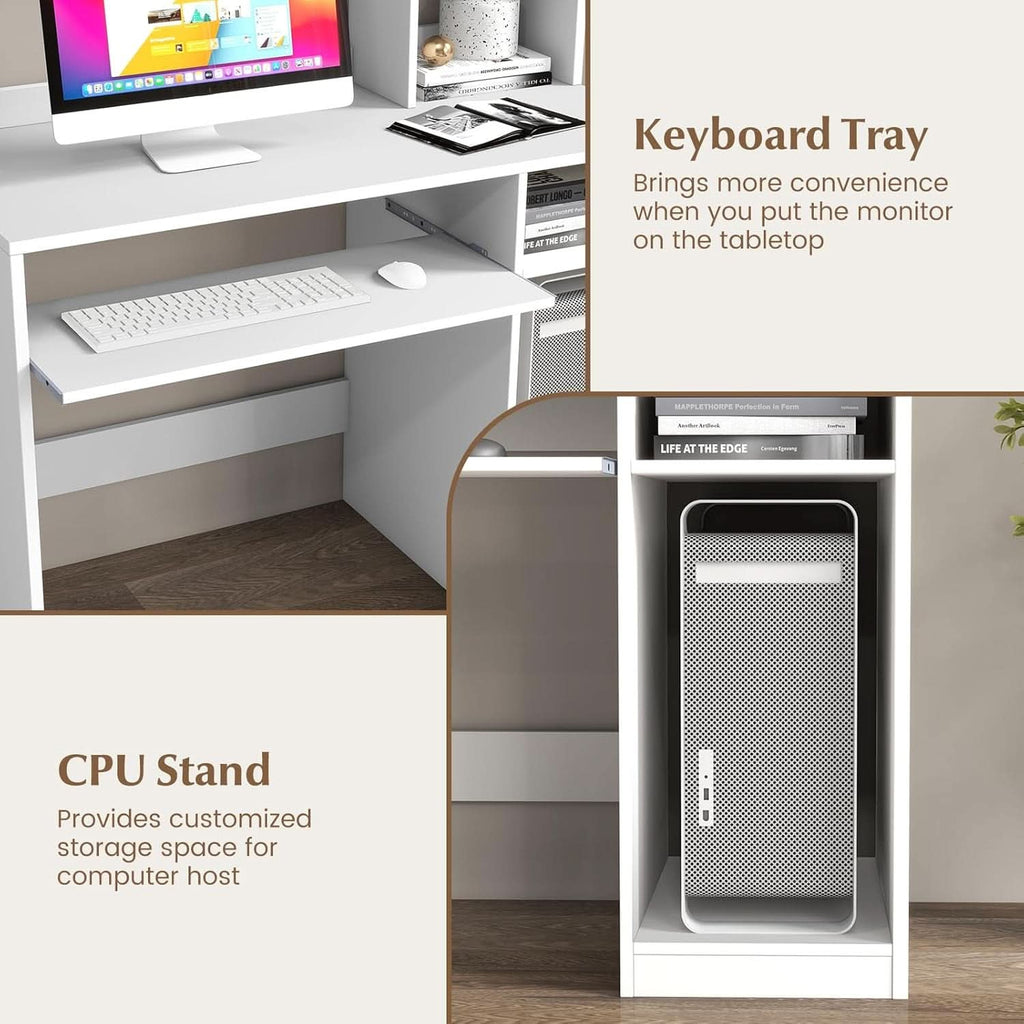 White Desk With Hutch And Charging Station For Home Office