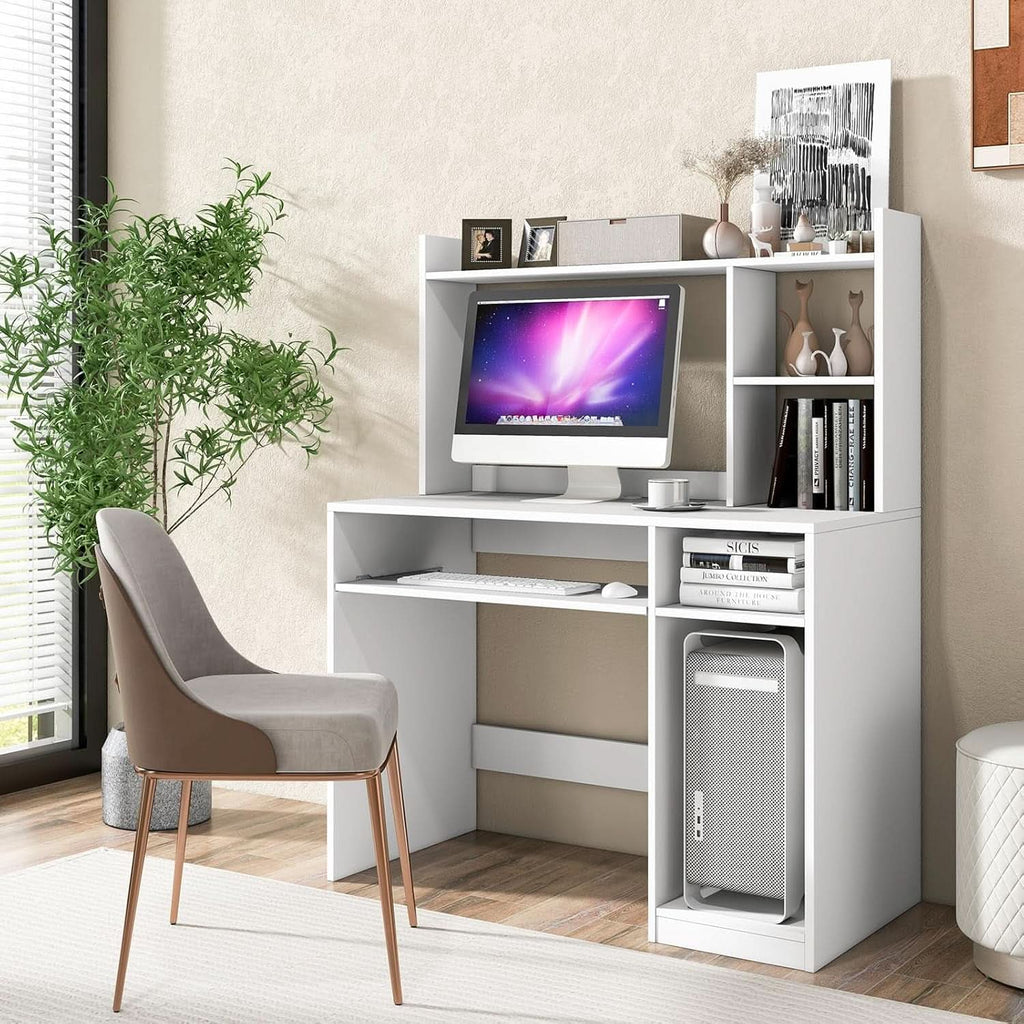 White Desk With Hutch And Charging Station For Home Office